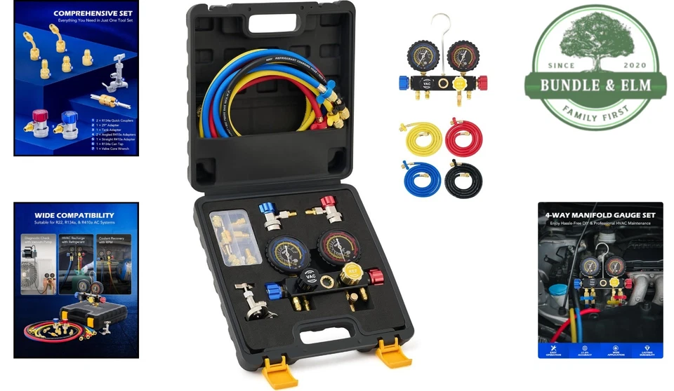 4路暖通空调交流仪表套装R410a R22 R134a带软管适配器可龙头 — 第 2/4 张图片