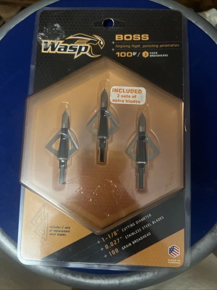 Wasp Boss Broadheads 3 Blade 100 Grain 3 Pack + 2 Sets Extra Blades New Unopened - Image 2 of 3