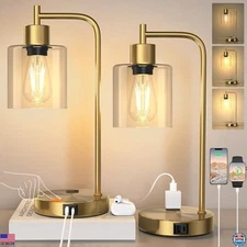 QiMH Set of 2 Industrial Touch Control Table Lamps with USB Ports & AC Outlets