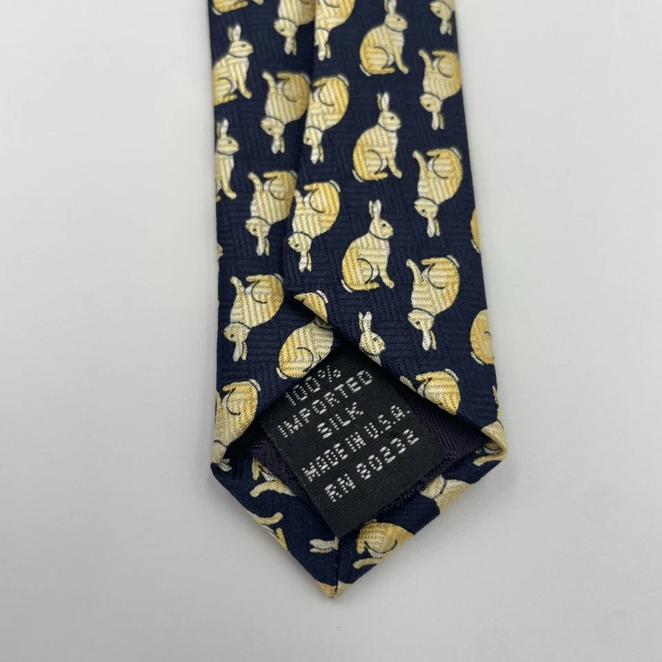 Vtg Class Club Tie Mens 51 in Silk Navy Gold Yellow Rabbit Bunny-Eclectic G’pa - Image 4 of 4