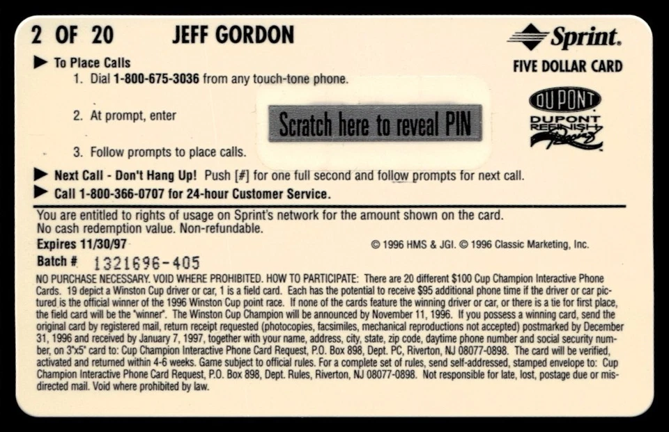 1996 Assets $100 Phone Card Jeff Gordon #2 - Image 2 of 2