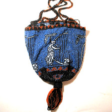 Antique Vintage Beaded Purse Scenic Lady with Harp - SELLER PAYS US TARIFFS