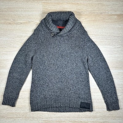 Superdry Men's Shawl Collar Jumper Gray Heavy Knit Gray Sweater Size XL