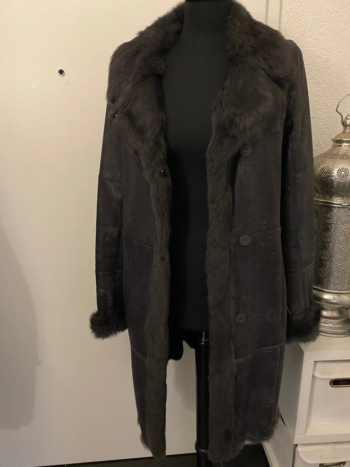 MILESTONE Kanin Fell Pelzmantel grau schwarz Nappa Mantel Leder außen innen Fell - Bild 3 von 4