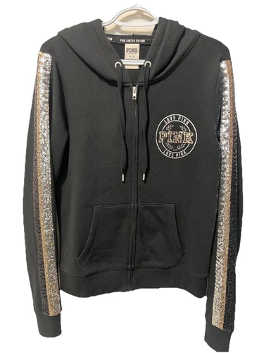 UNDERCOVER Felpa con cappuccio rosa Victoria’s Secret Mega Bling nera manica lunga taglia M tasche paillettes