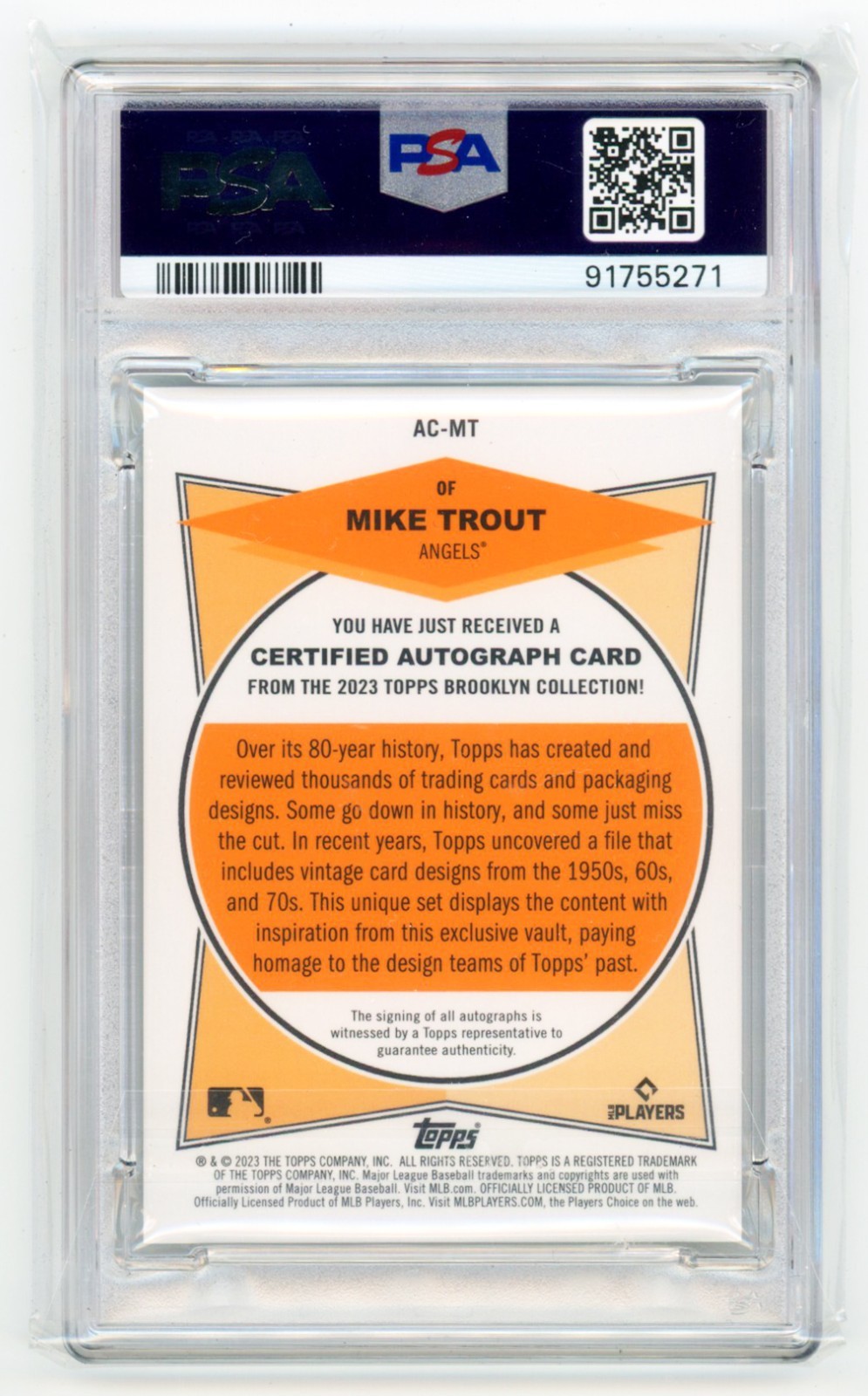 2023 Topps Brooklyn Collection - Mike Trout - Auto /30 - Angels - PSA 10/Auto 10 view 2