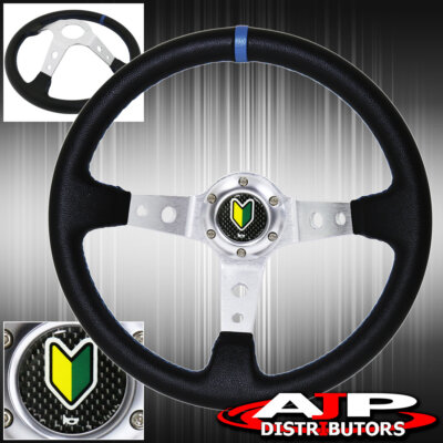 Wakaba Horn Deep Dish Black Steering Wheel Silver Aluminum Center Blue Stitching