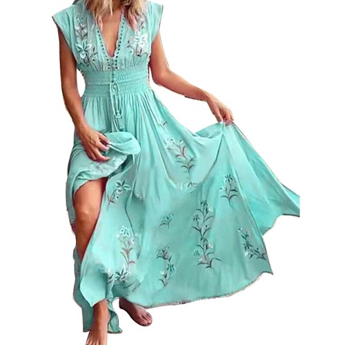 Abito Scollo V Maxi T-Shirt Vestito Prendisole Donna Boho Floreale Senza Maniche Spiaggia - Foto 9 di 15