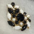 VINTAGE DESIGNER UNSIGNED GOLD TONE WHITE BLACK MILK GLASS RHINESTONE BROOCH