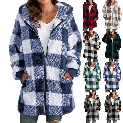 Ladies Teddy Bear Check Coat Fleece Overcoat Zip Hooded Jacket