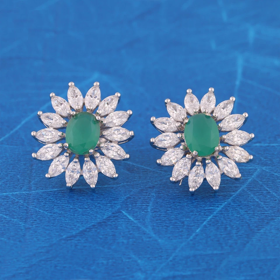 5.50 Ct Oval Lab-Created Green Emerald Floral Stud Earrings 14K White Gold Over - Image 4 of 4