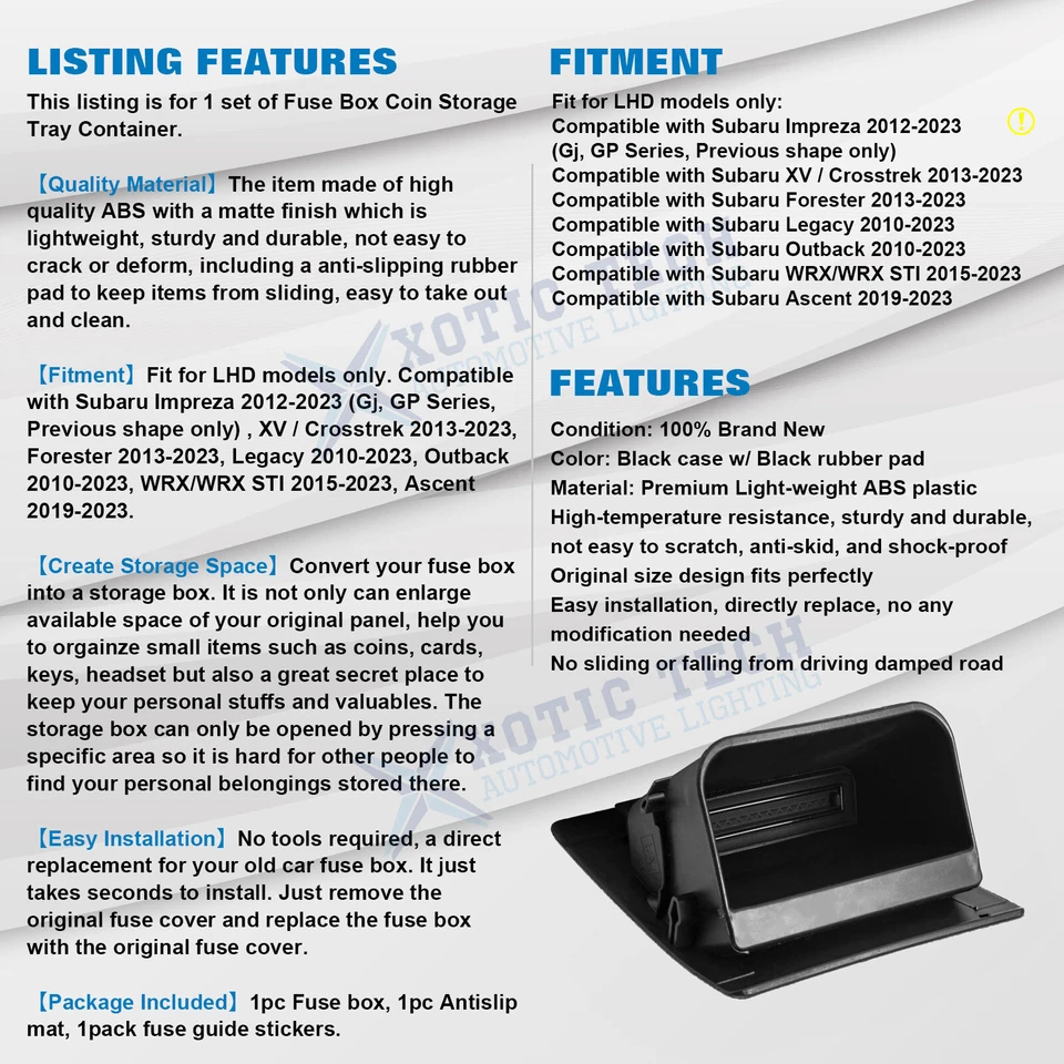 1 contenedor de almacenamiento de monedas caja de fusibles interior de automóvil para Subaru XV Crosstrek Forester Foto 2 de 4