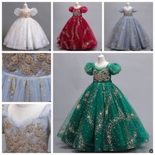 FLOWER PRINCESS DRESS KIDS PARTY LACE BOW SEQUINS GIRLS WEDDING LONG DRESS SIZE
