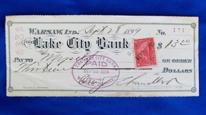 1899 CANCELLED CHECK LAKE CITY BANK WARSAW INDIANA 2 CENT STAMP $13.00