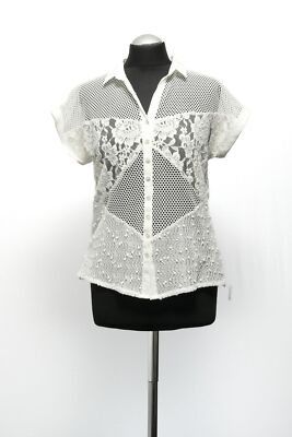 Just White Damen Bluse 38 weiß Spitze uni kurzarm Spitze modisch Spitze