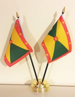 GRENADA X2 TISCHFLAGGE SET 2 Fahnen plus GOLDEN BASE KARIBIK