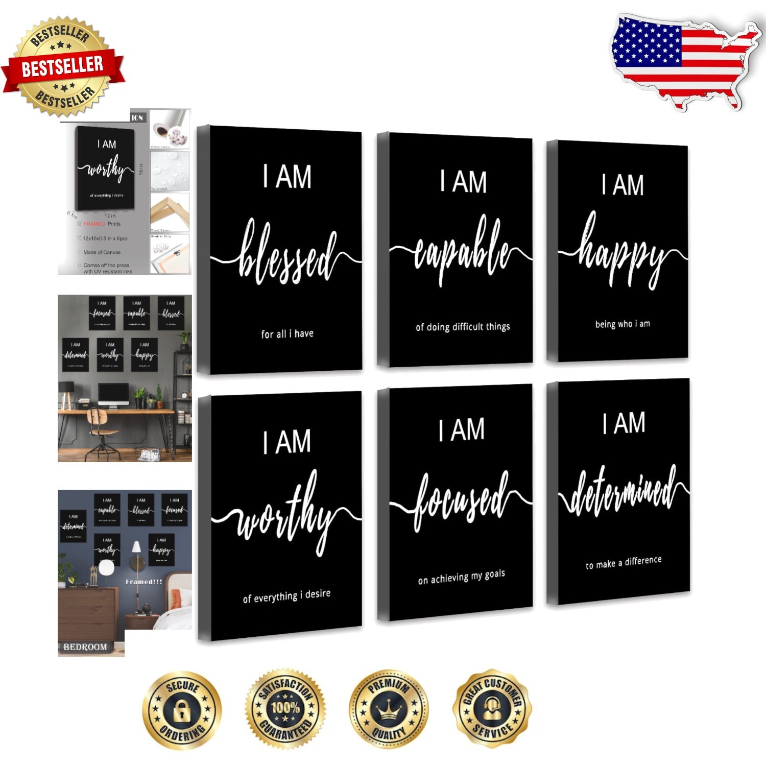 Motivational Wall Decor Set - 6 Elegant Inspirational Quotes for Every Space