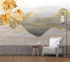 3D Abstract Gold Leaves Bird Line Self-adhesive Removeable Wallpaper Wall Mural