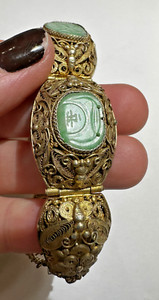 Authentic Chinese Export Gold Plated Silver Carved Green Jadeite Jade Buddha 8" Bracelet