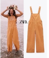 Zara Orange Swifty Linen Wide Leg Bib Brace Dungarees Size Medium