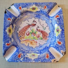Vintage Enamelware Ashtray 3.5" Square  Ash Tray  Chipped Enamel Ware Birds Blue