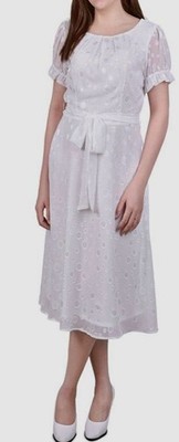 NY Collection Women's Ivory Swiss Dot Self-Tie A-Line Dress Petite Size-PM