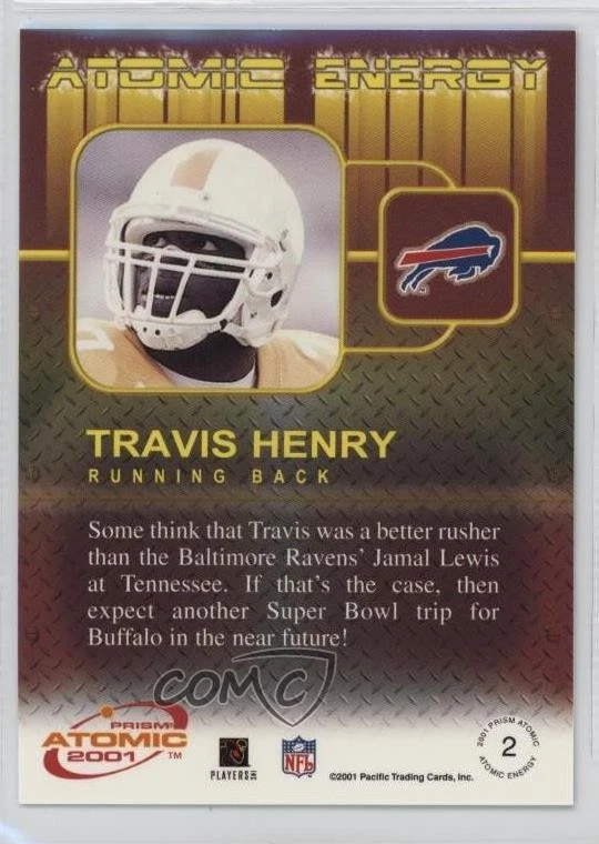 2001 Pacific Prism Atomic Atomic Energy Travis Henry #2 Rookie RC - Image 2 of 2