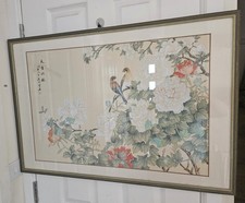 Large oriental Framed Watercolour on Silk/paper depicts birds & red peonies.