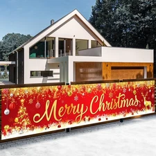 Merry Christmas Banner - Red and Gold Large Outdoor Xmas Tree Elk Banner for Chr