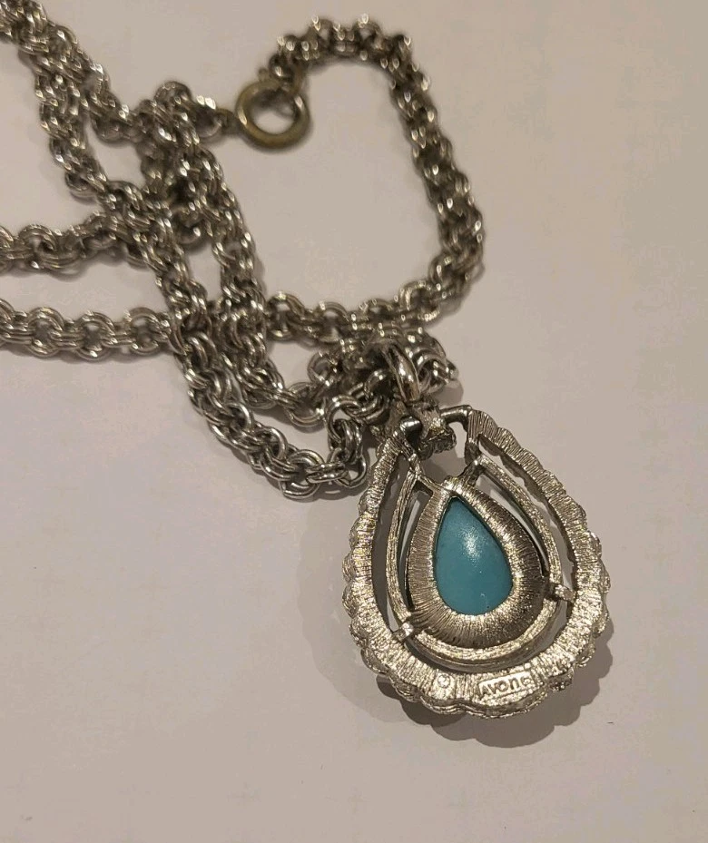 Vintage AVON Halskette mit türkisblauem Tropfen-Anhänger und Stahlkette - Bild 4 von 4