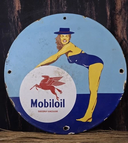VINTAGE MOBILOIL PORCELAIN GAS PUMP SIGN MOBIL MOBILGAS 12".