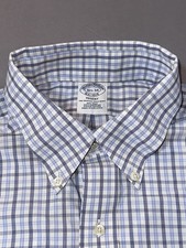 Brooks Brothers Regent Button Down Shirt 16 1/2 -34 White Blue Plaid Cotton read