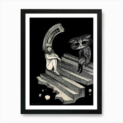 Eule und Katze Kunstdruck gerahmt Wandbild Poster Leinwanddruck Bild