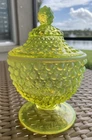 Fenton Topaz Vaseline Opalescent Hobnail 7 Inch Candy Jar. No Damage.
