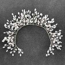 Bridal White Headpiece Tiny Pearl Flower Silver Hair Vine Wedding Accessory