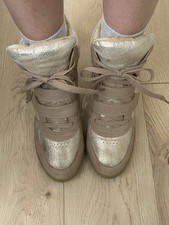 Womens High Top Lace Up Heeled Trainers Beige/Gold UK 5 EU 38