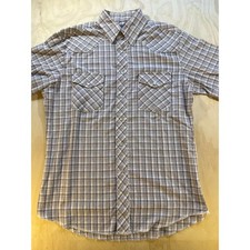 Wrangler Mens Plaid Short Sleeve Western Pearl Snap Shirt Tan Blue 76264PP M