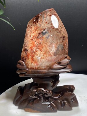 2.42LB TOP Natural hair crystal Yellow gum flower symbiosis quartz crystal+stand