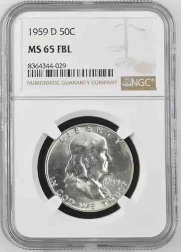 1959-D  FRANKLIN US Half Dollar,   MS65 by NGC,   FBL,   a SUPERB coin!!!!