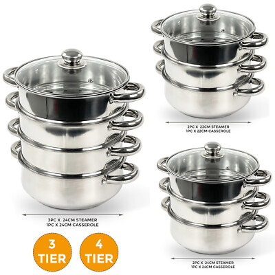 4-TEILIGES/5-TEILIGES DAMPFGARER TOPFSET PFANNE KOCHEN ESSEN GLASDECKEL 3/4 ETAGEN EDELSTAHL