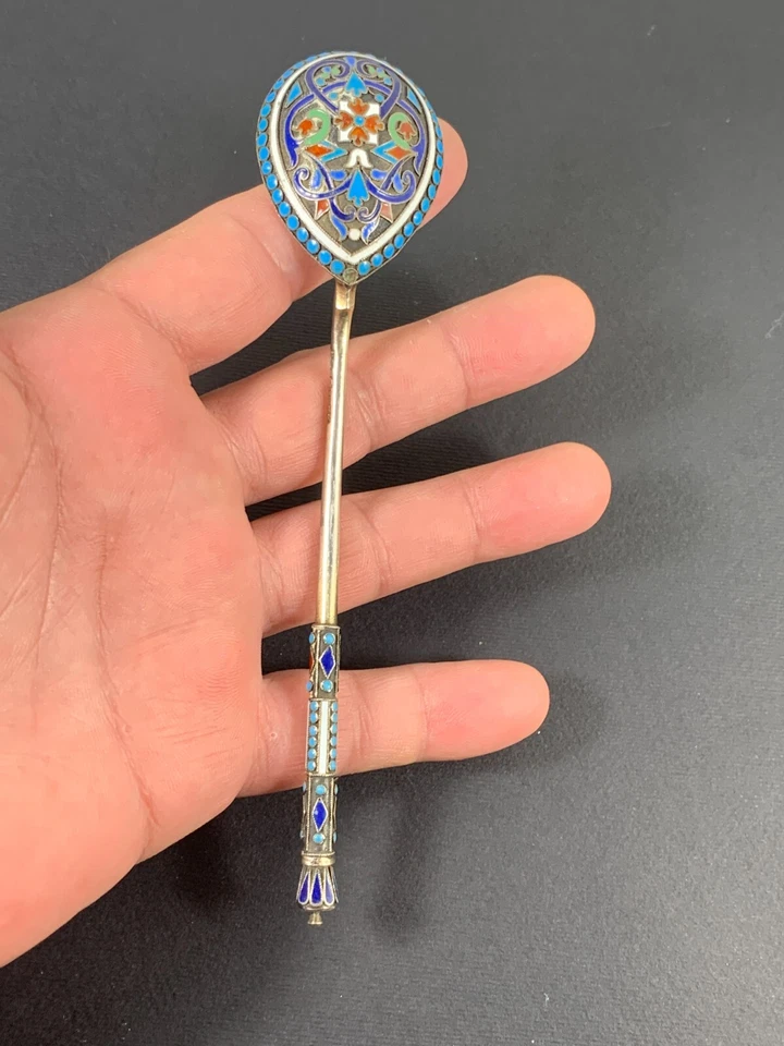 Imperial ruso cloisonne esmalte en 84 cuchara de plata zolotnik Moscú 1888-5,75" Foto 4 de 4
