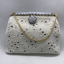 Vintage Charlet White Iridescent Hand Beaded Purse w Mirror and Coin Purse