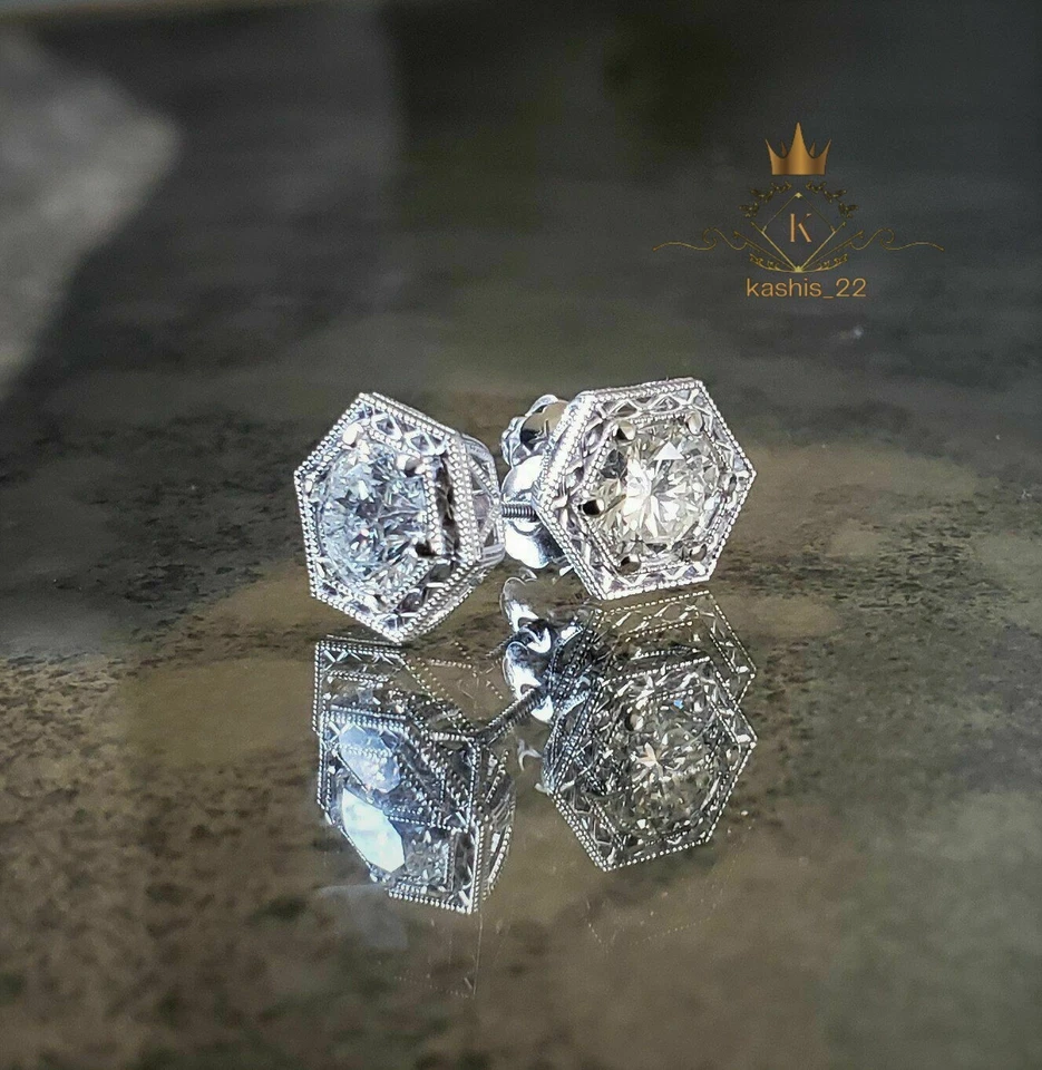 Moissanite Stud Earrings 2 CT Brilliant Round Cut Solid 14K White Gold For Her - Image 2 of 4