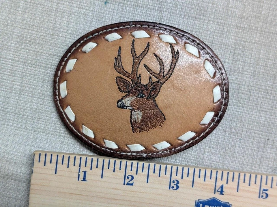 Hebilla de cinturón de ciervo vintage cuero cosido occidental hecho a mano BIG BUCK marrón Foto 4 de 4