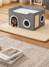 Medium Gray Cat House with Scratching Panel, Circular Windows, 60x40x42cm