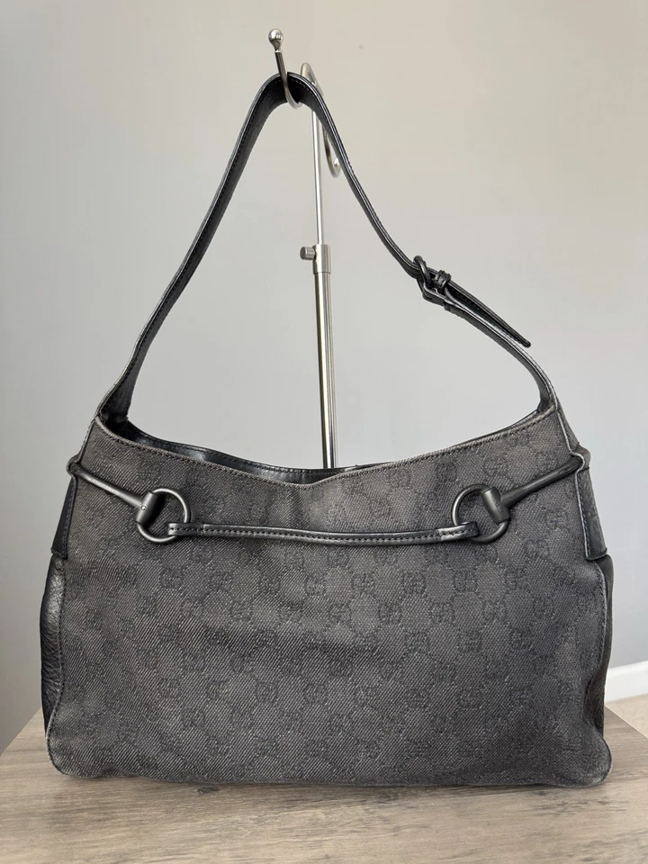 Gucci Gg Canvas Leather Horsebit Shoulder Bag Black Gray Hobo Bag - Image 2 of 4