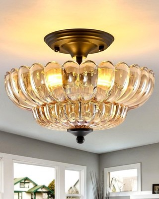 3-Light Medium Semi-Flush Mount Amber Glass Scalloped Chandelier Retro Farmhouse
