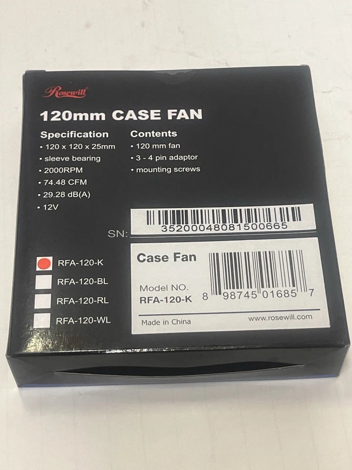 Rosewill RFA-120-K 120mm 12V Case Fan (Color Black) New - Image 2 of 3