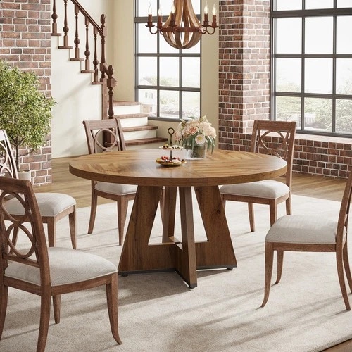 47'' Round Dining Table for 4, Farmhouse Wooden Kitchen Table Small Dinner Table