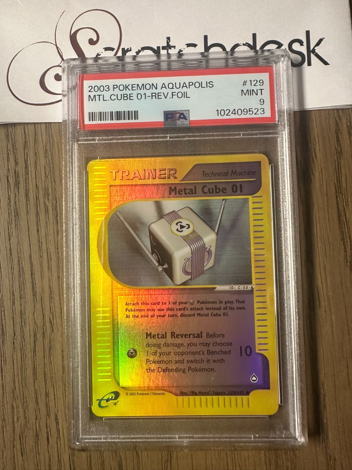 PSA 9 - Pokemon METAL CUBE 01 129/147 - AQUAPOLIS eReader - Reverse HOLO Trainer